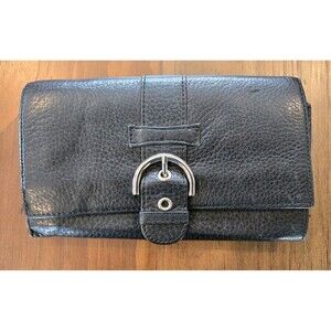 vintage Talbots black pebbled leather accordion clutch wallet Silver Hardware